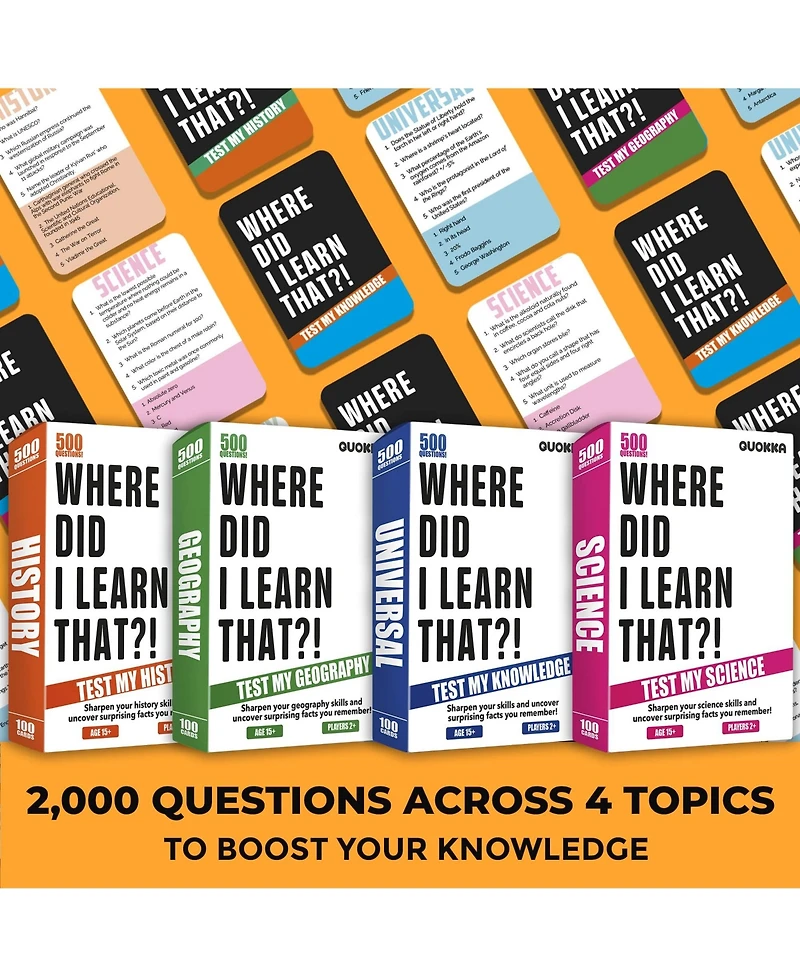 Quokka Where Did I Learn It? Set of 4 Trivia Game – 500 Questions for Families, Teens & Adults