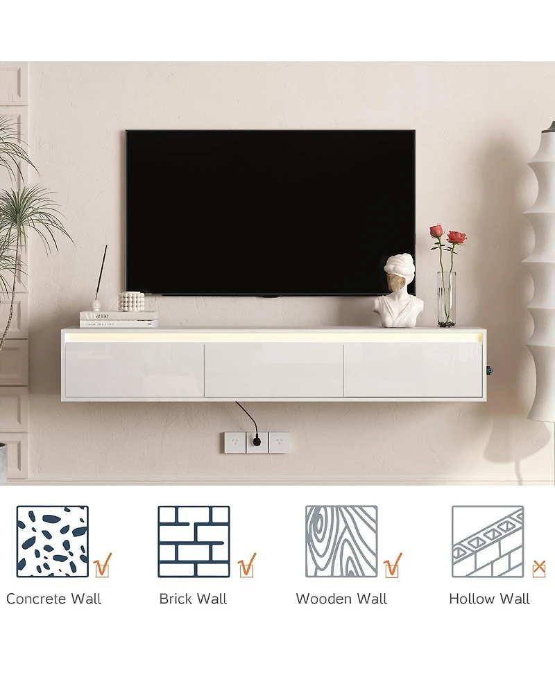 Streamdale Furniture Floating Tv Stand with Led Lights & Power Outlet