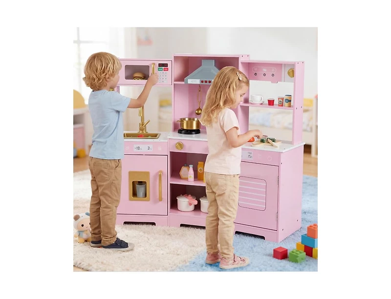 Slickblue Pretend Play Wooden Kitchen Set with Range Hood and Realistic Effects