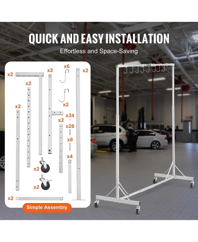 Rainsken Painting Rack, Adjustable Height Automotive Paint Stand, Painting Drying Rack with 8 Hooks, 4 Wheels, 66 lbs Capacity for Repair Shops