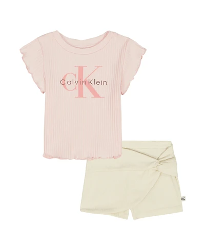 Calvin Klein Girls' 2T-6X Ribbed Logo T-Shirt and Crinkle Knit Wrap-Front Shorts, 2-Piece Set
