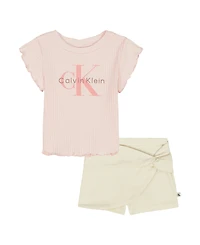 Calvin Klein Girls' 2T-6X Ribbed Logo T-Shirt and Crinkle Knit Wrap-Front Shorts, 2-Piece Set