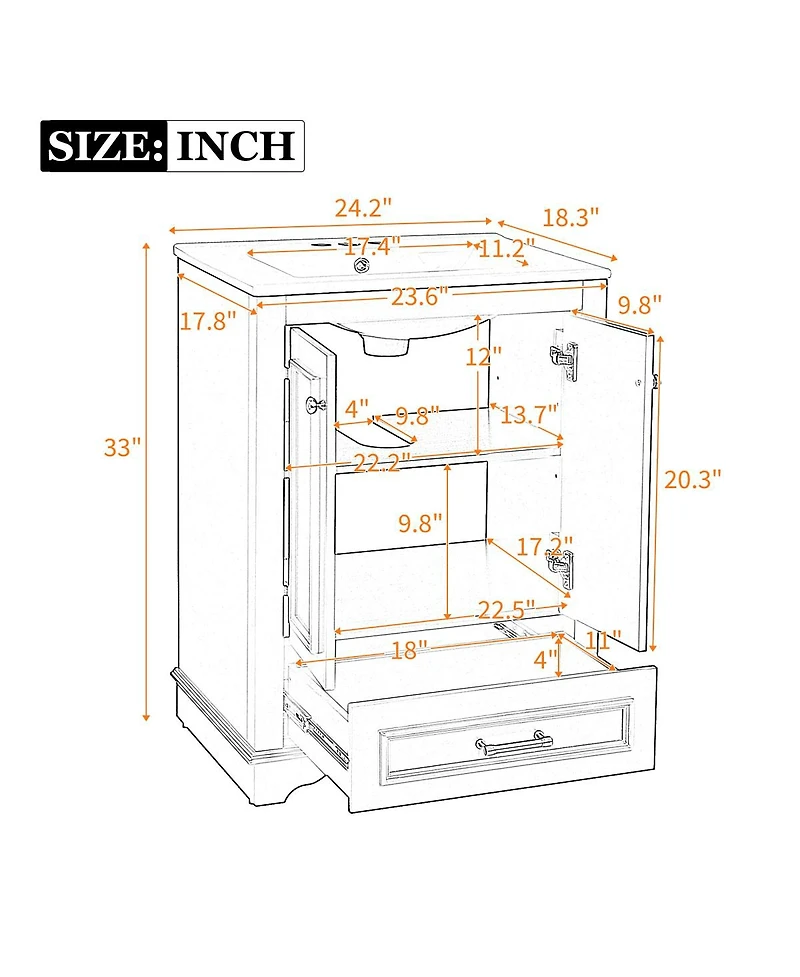 Sillysis 24" Bathroom Vanity with Ceramic Sink, Modern Freestanding Cabinet Drawer & Soft Closing Doors, Solid Wood Mdf Storage