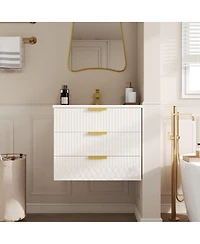 Sillysis 24"Wall Mounted Bathroom Vanity with Ceramic Sink & Double Drawers, Stripe Design for Small Bathrooms