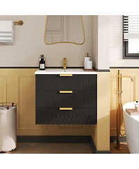 Sillysis 24"Wall Mounted Bathroom Vanity with Ceramic Sink & Double Drawers, Stripe Design for Small Bathrooms