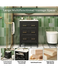 Sillysis 24 Inch Bathroom Vanity with Ceramic Sink, Retro Solid Wood Cabinet, 3 Soft Close Drawers for Small Bathrooms