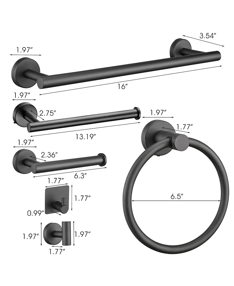 Rainsken 9-Piece Wall-Mounted Bathroom Hardware Accessory Set, Stainless Steel Towel Bar, Towel Ring, Toilet Paper Holder and Robe Hook