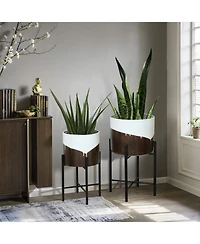 LuxenHome 2-Piece White and Brown Metal Cachepot Planters Set with Black Stands