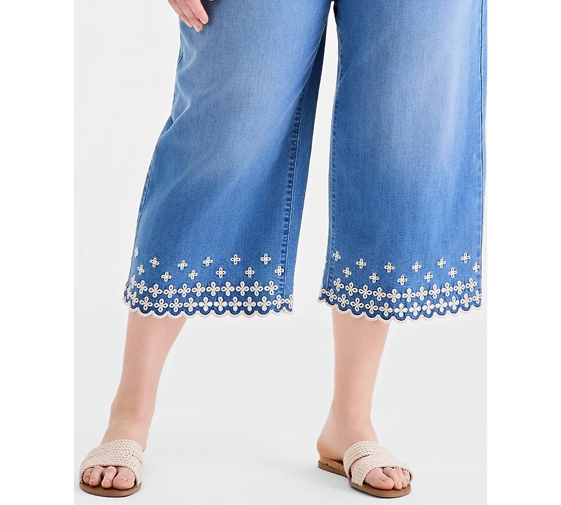 Style & Co Plus Embroidered Scalloped High Rise Wide-Leg Crop Jeans, Macy's Exclusive