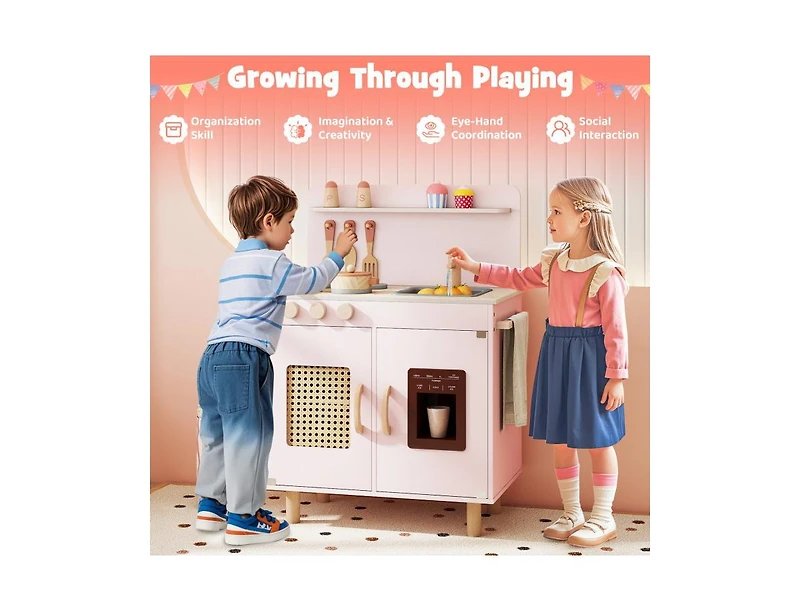 Slickblue Kids Wooden Toy Kitchen Playset with Working Ice Maker