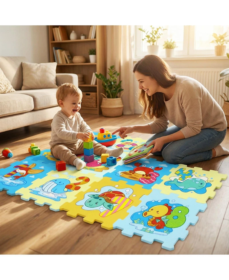 Slickblue 8-Piece Educational Interlocking Baby Play Mat with Animals and Numbers