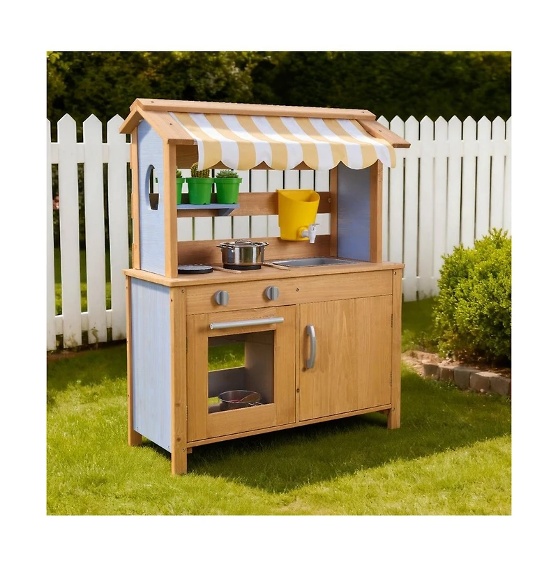 Slickblue Outdoor Wooden Mud Kitchen for Kids with Sink, Canopy & Tools
