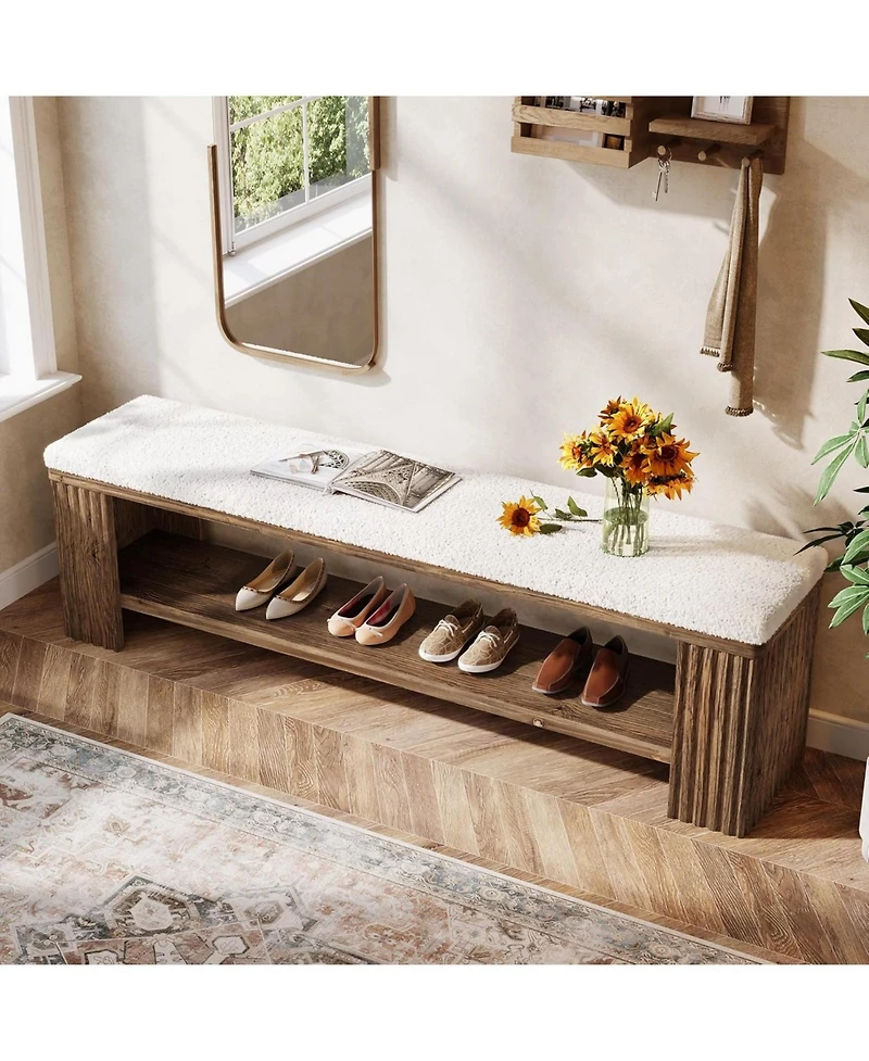 Tribesigns 63" Solid Wood Dining Bench, Farmhouse Upholstered End of Bed Bench with Removable Faux Lambswool Cushion,Indoor Long Entryway Bench