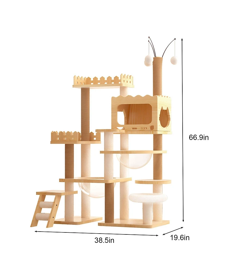 Aostirmotor 66.9" Modern Wood Cat Tree with Scratching Posts, Perch & Acrylic Hammock for Multi-Cat Homes