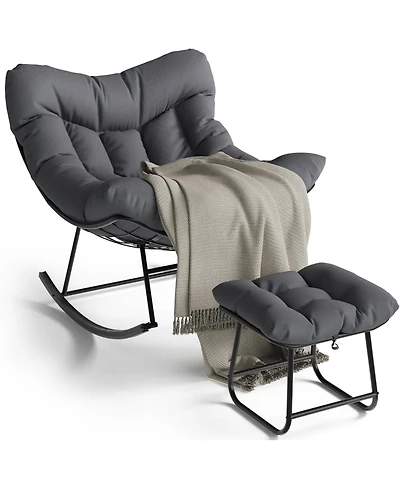 gaomon Outdoor Papasan Rocking Chair with Footrest, Oversized Lounge Chair with Ottoman and Sturdy Metal Frame