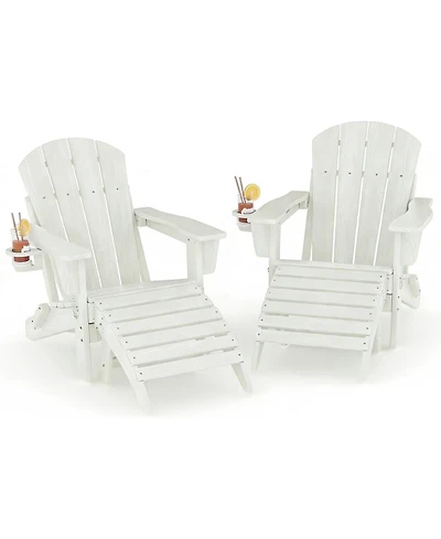 Folding Adirondack Chair Set of 4 with Ottoman, Hdpe Outdoor Patio Chair with Cup Holder, All Weather Resistent Wooden Textured for patios