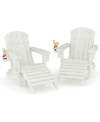 Folding Adirondack Chair Set of 4 with Ottoman, Hdpe Outdoor Patio Chair with Cup Holder, All Weather Resistent Wooden Textured for patios