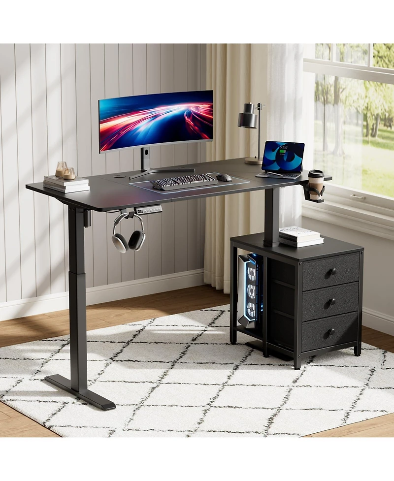 Homlux 55x24" Sit-Stand Desk Height Adjustable Computer with 2 Hooks, Storage Drawers, Printer Cabinet