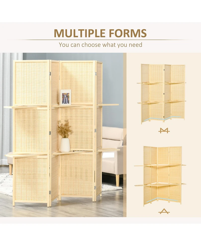 Homcom 6' Folding Privacy Screen Indoor Room Divider w/ 2 Open Display Shelves, Natural