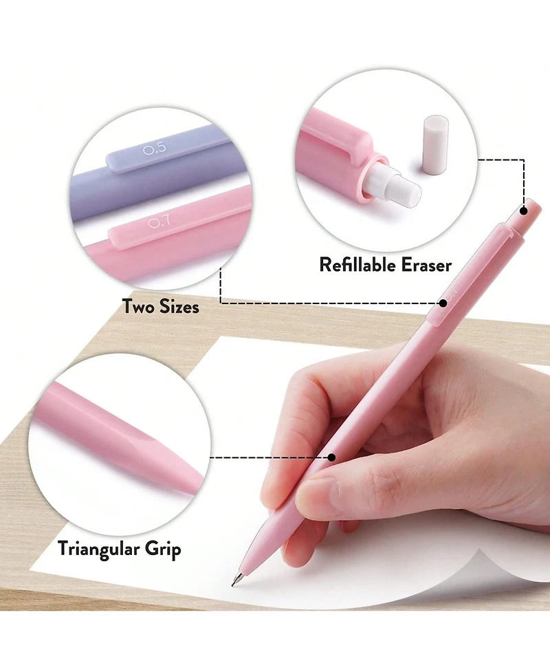 Htutwoo 0.7mm Mechanical Pencil Set, 3PCS Mechanical Pencils with Hb Lead Refills, Pastel Eraser Set and Eraser Refills for Writing, Art Drawing