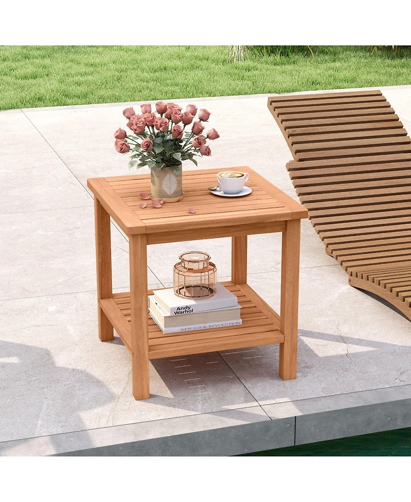Gymax 2-Tier Patio Acacia Wood Side Table w/Slatted Tabletop Storage Shelf for Garden