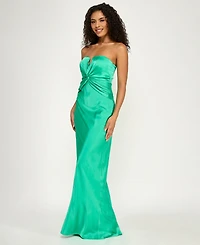City Studios Junior's Strapless Sweetheart Twist-Front Satin Maxi Dress