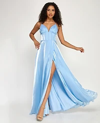 City Studios Junior's V-Neck Organza A-Line Maxi Dress