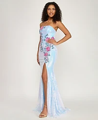 City Studios Women's Strapless Floral Applique Sequin Maxi Dress