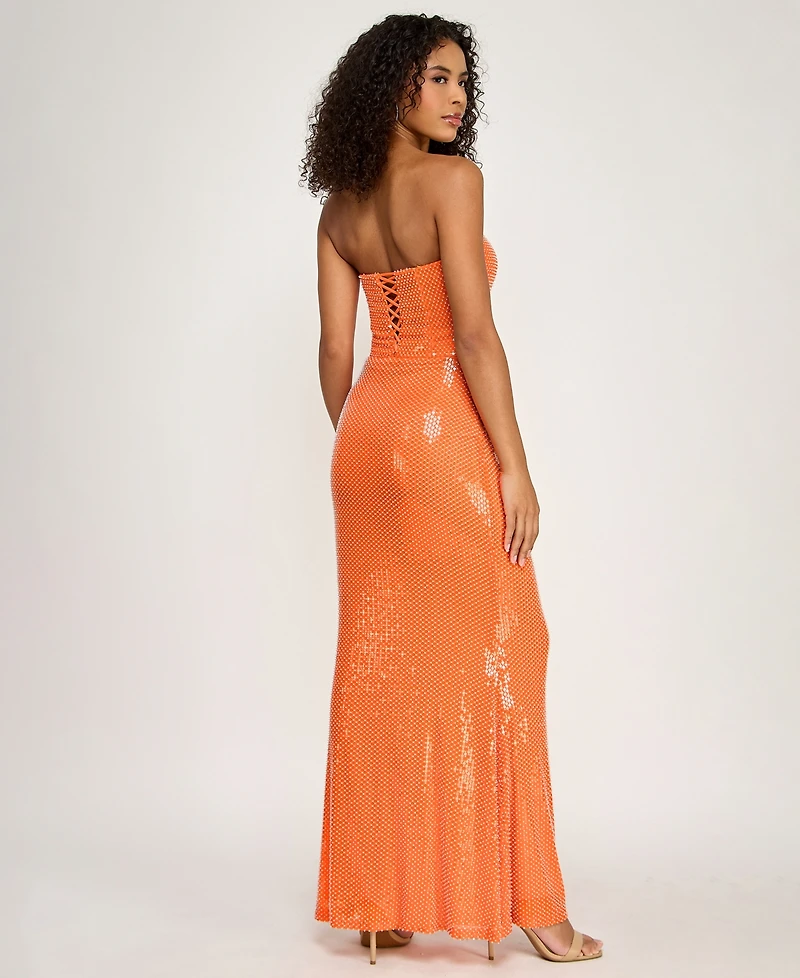 City Studios Women's Strapless Beaded Lace-Up Maxi Dress