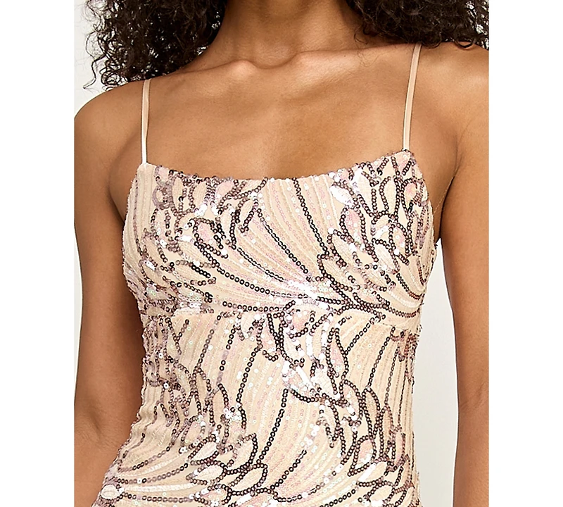 City Studios Women's Scoop-Neck Embroidered Sequin Maxi Dress