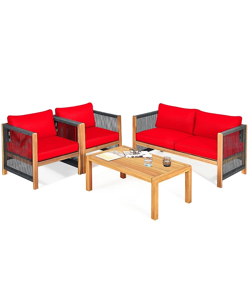 Gymax Set Of 4 Wood Outdoor Patio Furniture Set w/Cushions Cover Sets