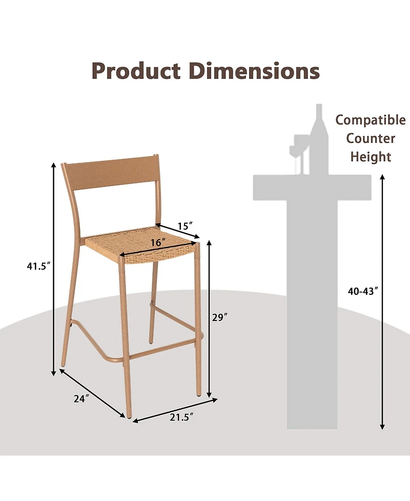 Gymax 4PCS Patio Barstools Outdoor Bar Height Chairs w/ Rattan Seat & Metal Backrest