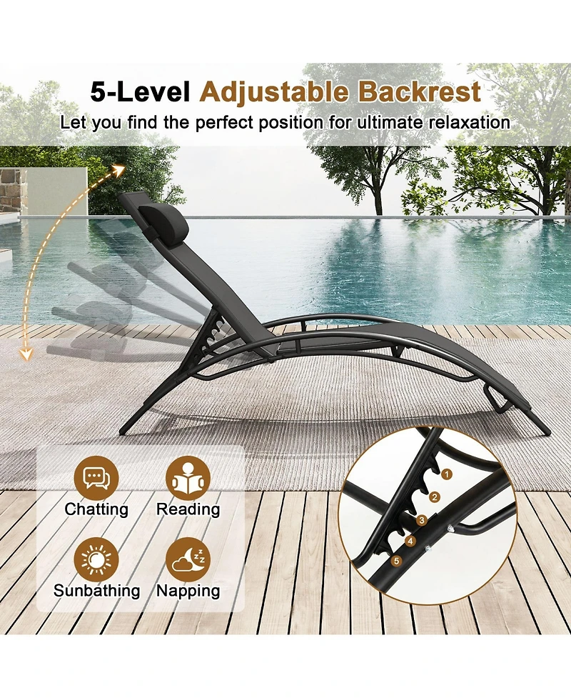 Gymax Patio Chaise Lounges Set of 2 w/5-Position Backrest & Breathable Seat Fabric