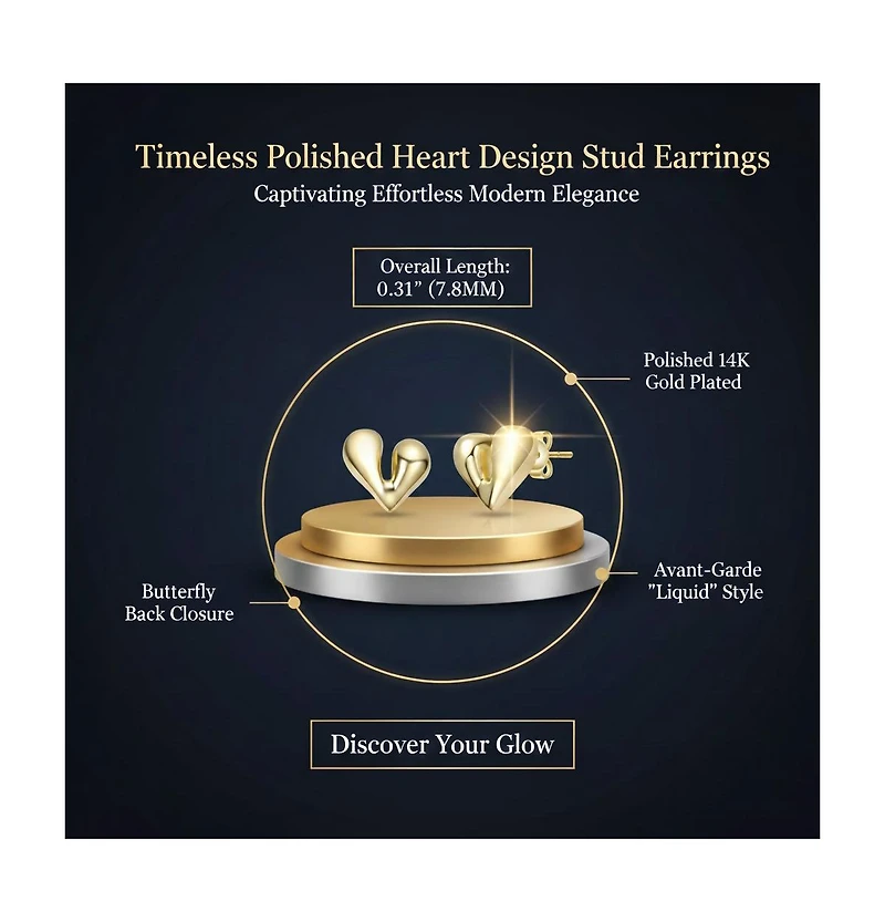 Rachel Glauber Polished Heart Design Stud Earrings in 14K Gold Plated