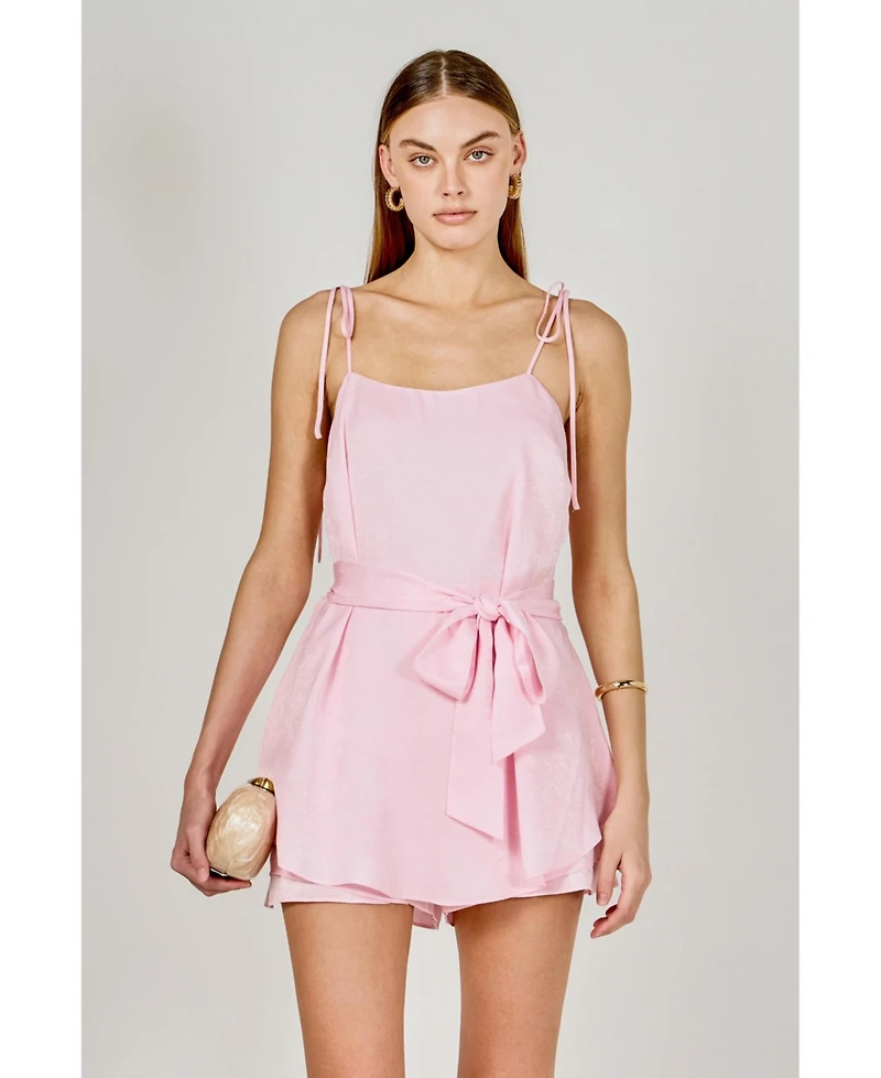 endless rose Women's Spaghetti Tie Belted Romper Dress