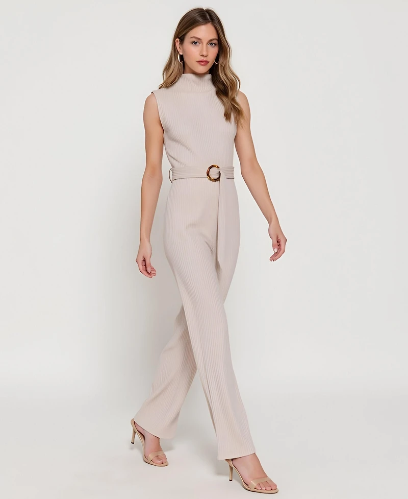 Modenaire Women's Eva Sleeveless Ribbed Knit Mock Neck Top and Wide-Leg Pants Set