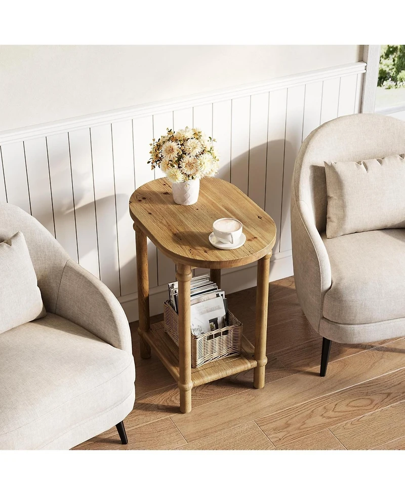 Tribesigns Oval Side Table, Farmhouse End Table with Storage Shelves, Solid Wood Nightstand for Small Spaces, Living Room, Bedroom