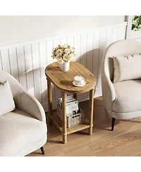 Tribesigns Oval Side Table, Farmhouse End Table with Storage Shelves, Solid Wood Nightstand for Small Spaces, Living Room, Bedroom