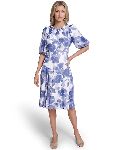Calvin Klein Petite Balloon-Sleeve Printed Midi Dress