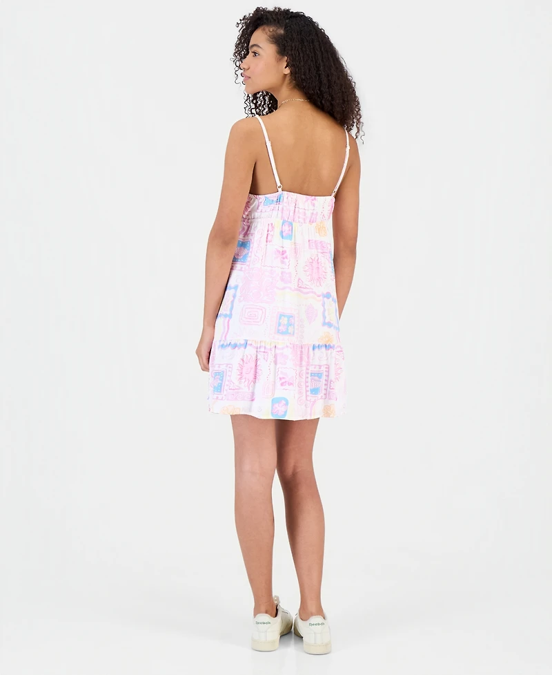 Hippie Rose Juniors' Printed Babydoll Tie-Front Mini Dress
