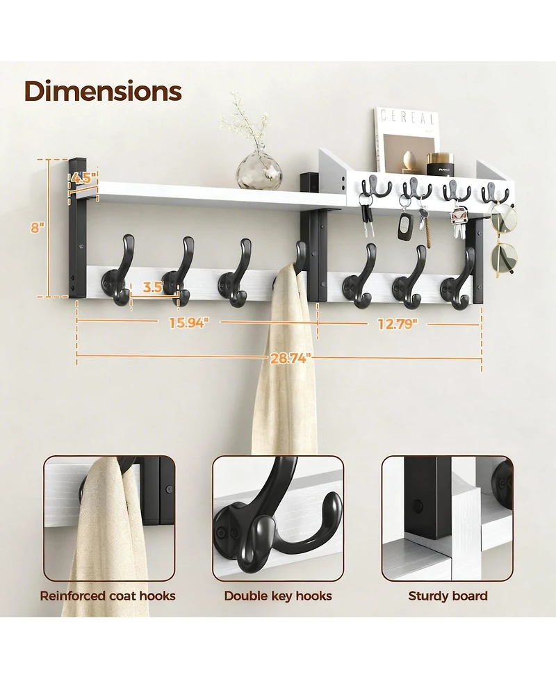Yigii Wall Coat Rack with Shelf, 4-in-1 Organizer for Coats, Keys, Mail, Decor