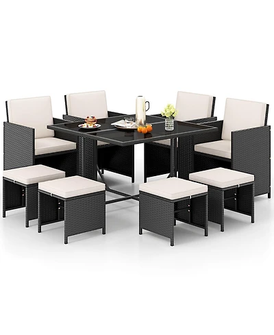 Gymax Set Of 9 Patio Dining Set w/Tempered Glass Table & Ottoman Removable Cushions