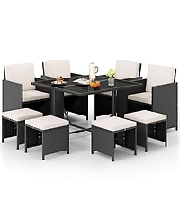 Gymax Set Of 9 Patio Dining Set w/Tempered Glass Table & Ottoman Removable Cushions
