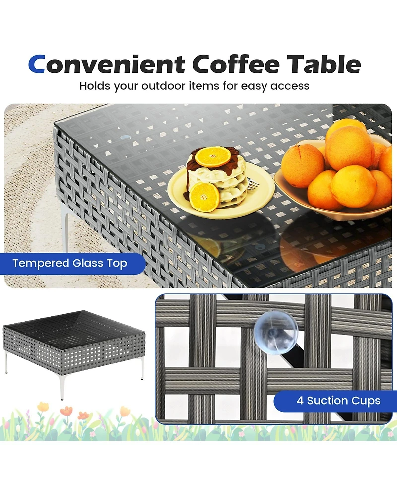 Gymax Set Of 3 Patio Furniture w/ Tempered Glass Coffee Table Soft Back & Seat Cushions