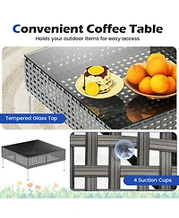 Gymax Set Of 3 Patio Furniture w/ Tempered Glass Coffee Table Soft Back & Seat Cushions