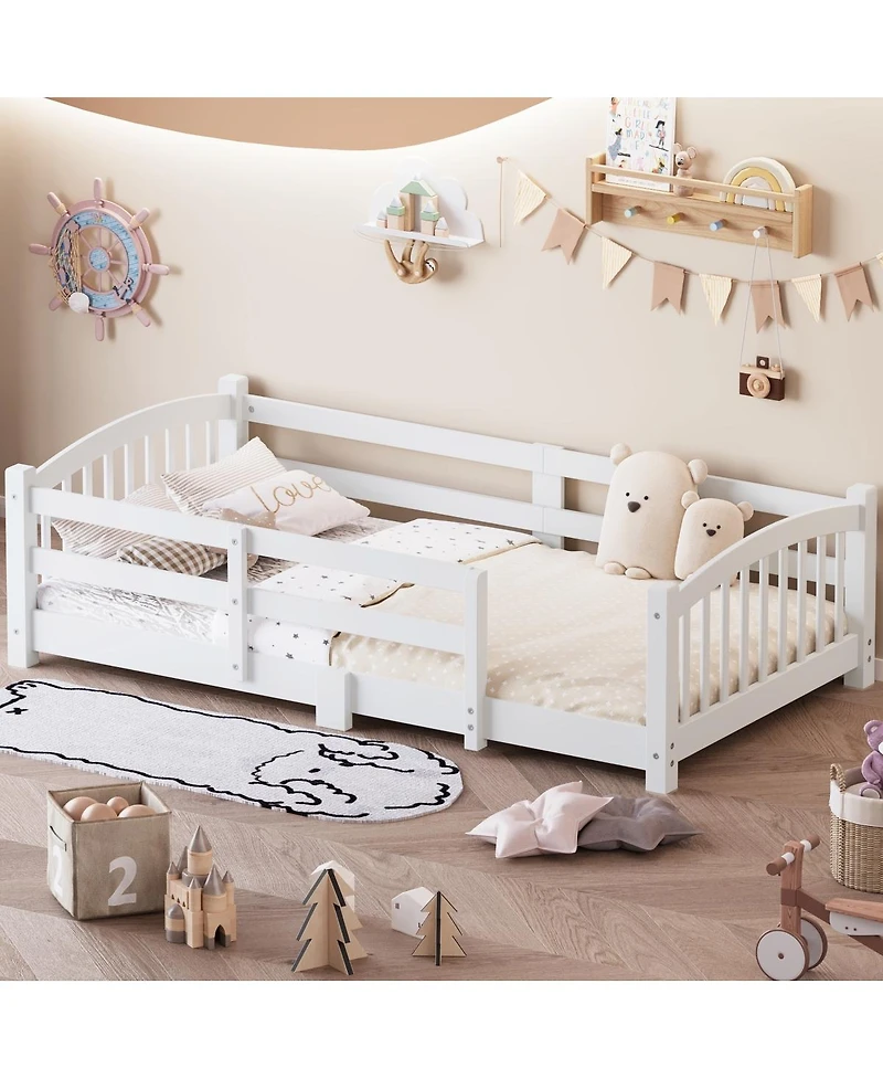 Streamdale Furniture Solid Wood Twin Montessori Floor Bed with Slats And Guardrails