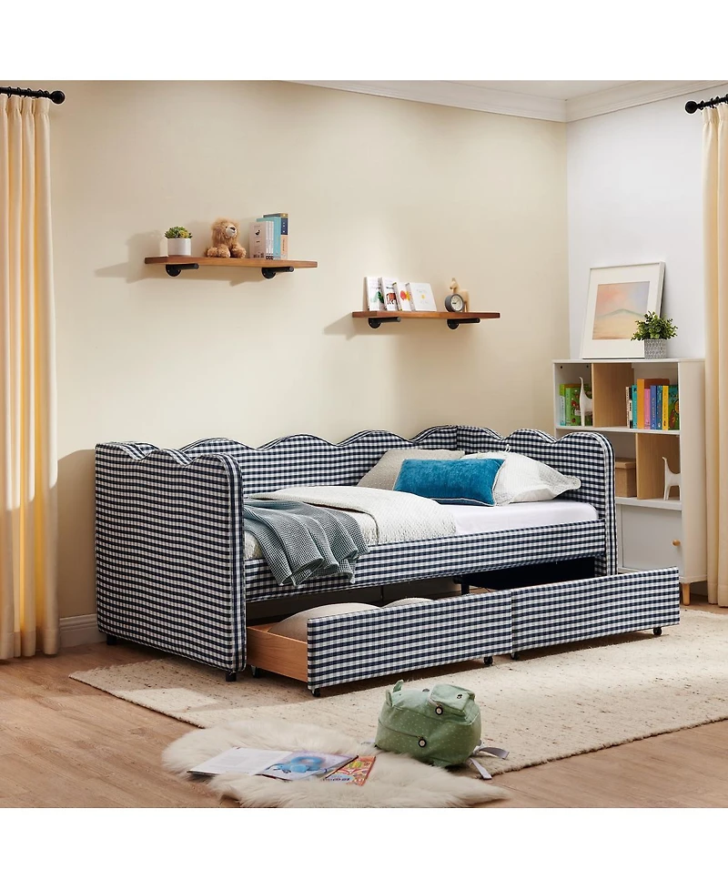Streamdale Furniture Twin Size Gingham Daybed with Storage Drawers, Usb Port & Wave Shape