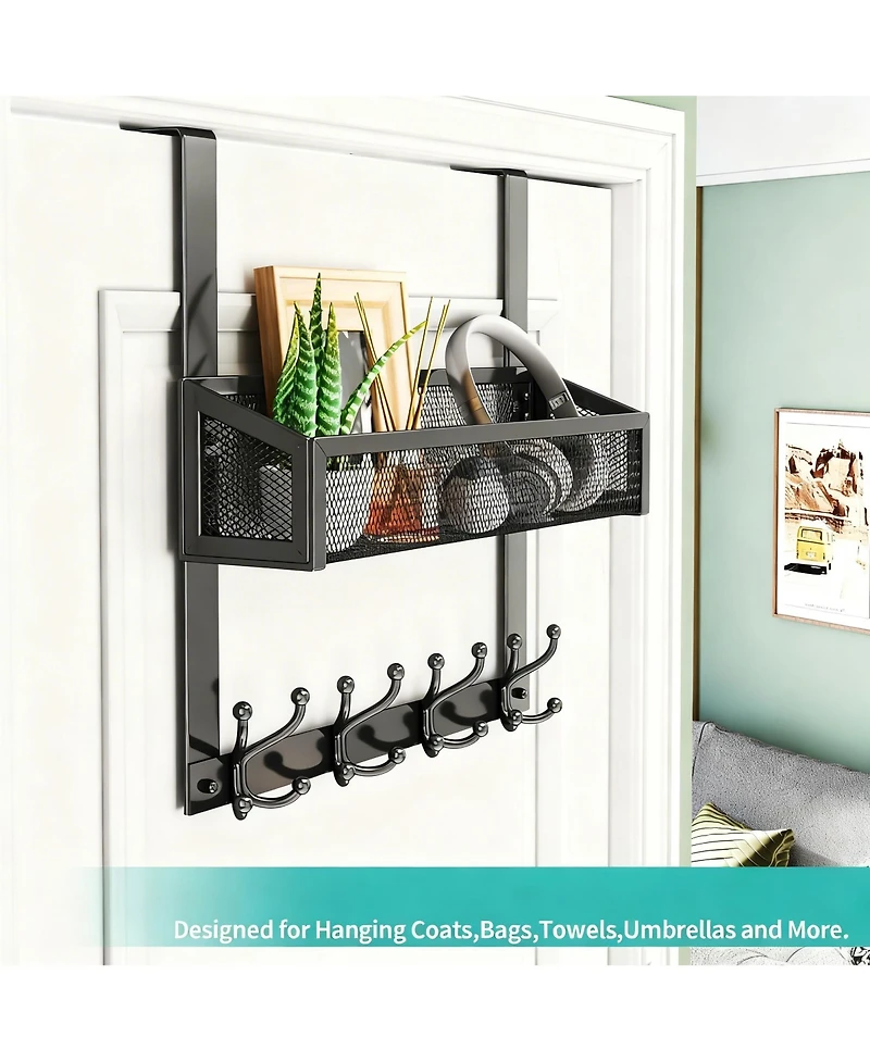 Yigii Stainless Steel Over Door Hook with Basket & 16 Hooks for Coats, Towels, Keys