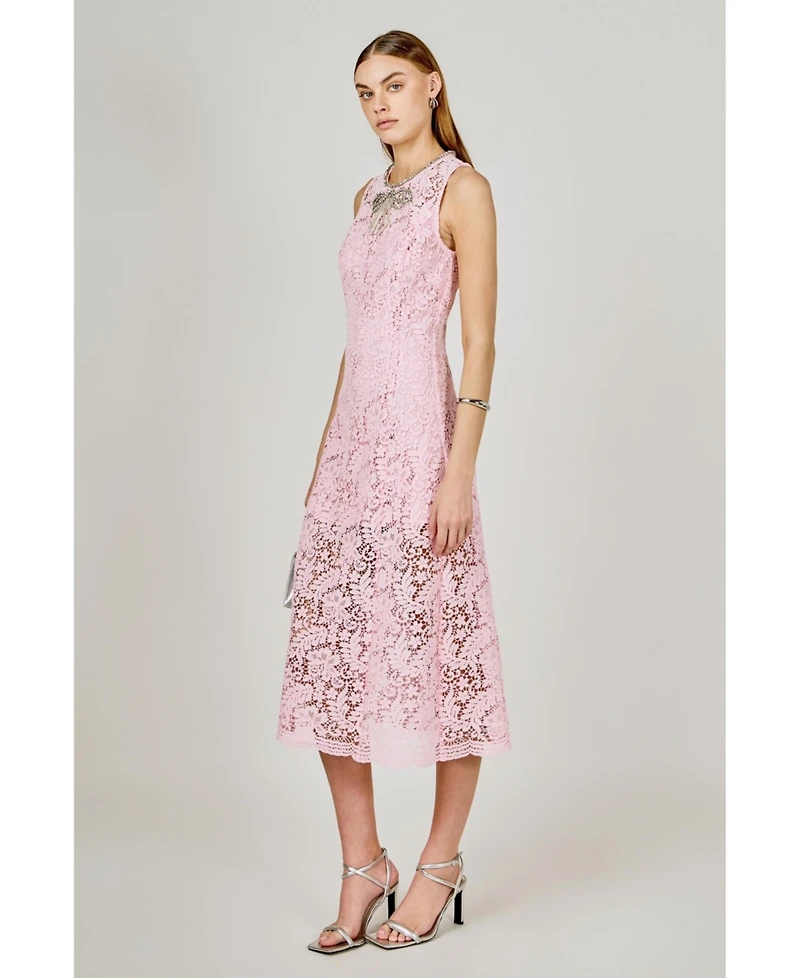 endless rose Women's Rhinestone Bow Detailed Lace Sleeveless Midi Dress