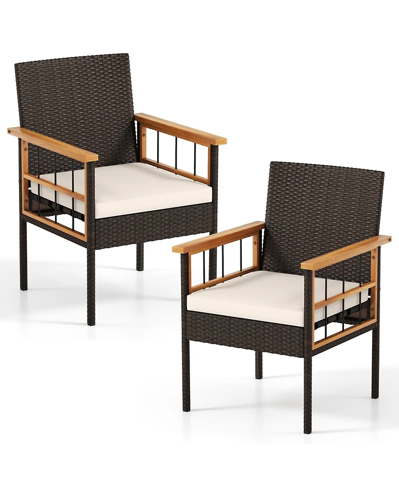 Gymax Set of 2 Patio Dining Chairs w/ Removable Padded Cushion Acacia Wood Armrests